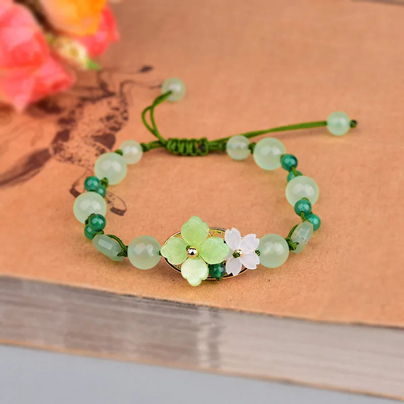 Beading - สร้อยข้อมือดอกไม้หยกสีเขียวเครื่องรางลูกปัดเครื่องประดับเครื่องรางของขลังกำไลดีไซน์เนอร์เสน่ห์โบราณของขวัญจากธรรมชาติแกะสลักสำหรับผู้ชาย