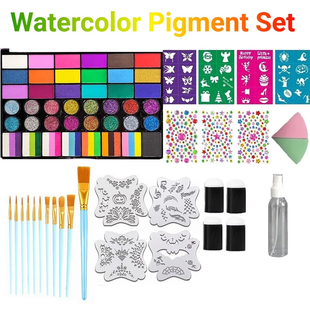 Watercolor Paint Set Solid Pigment - ชุดสีน้ำ 42 สี สีสดใส ชุดสีน้ำแบบเม็ดสีแข็ง พร้อมแผ่นลายฉลุหลากสี