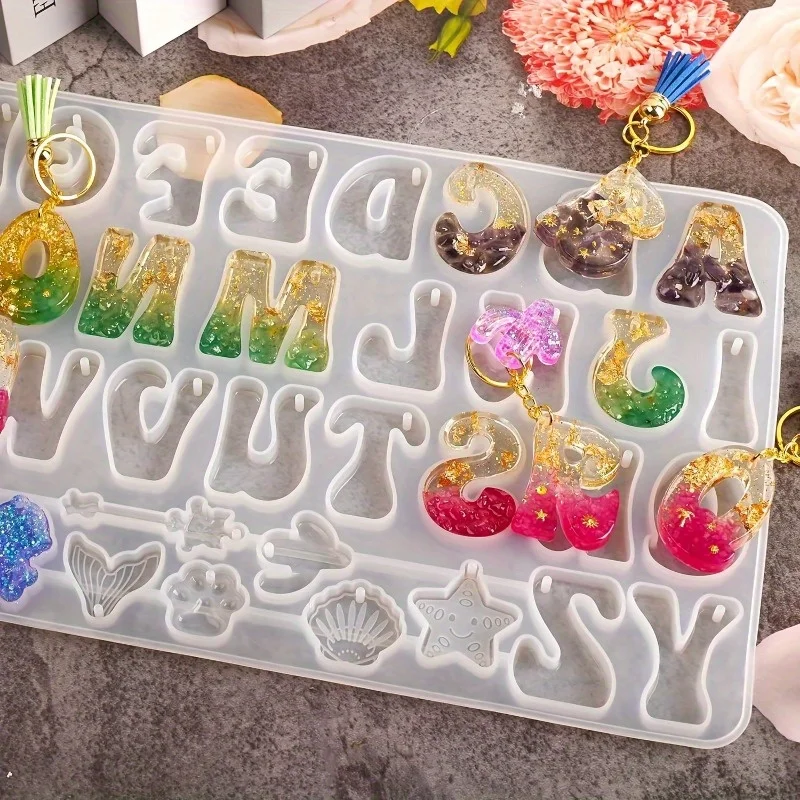 Silicone Epoxy Resin Molds Set - ชุดแม่พิมพ์หล่อเรซินซิลิโคนพร้อมตัวอักษรรูปตัวอักษรย้อนกลับสําหรับพวงกุญแจ DIY แม่พิมพ์เรซินอีพ็อกซี่พร้อมรูแขวน