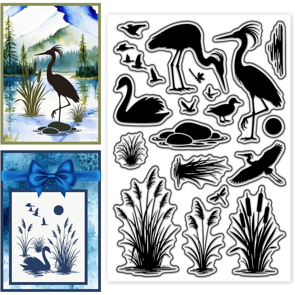 Clear Silicone Stamps For Card Making - แสตมป์ลายพิมพ์นกในพื้นที่ชุ่มน้ำ แสตมป์ซิลิโคนลายต้นกก สำหรับงาน DIY สมุดภาพทำมือและการทำการ์ด งานประดิษฐ์กระดาษตกแต่ง