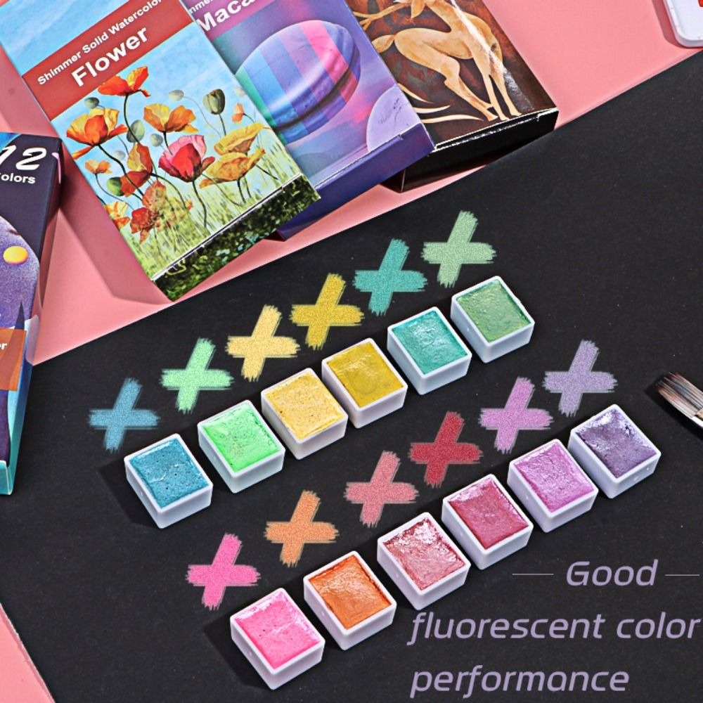 Watercolor Paint Set Solid Pigment - แบบพกพาสีน้ําชุด 6/12 สีกล่องพลาสติกภาพวาดสีน้ํามันชุด METALLIC Glitter สีน้ํา