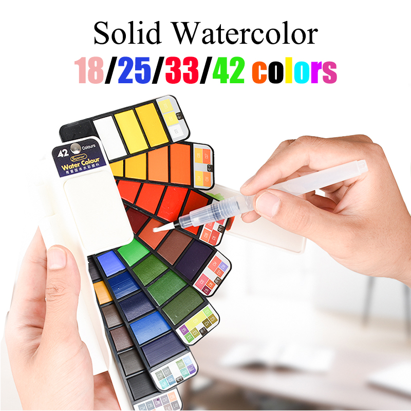 Watercolor Paint Set Solid Pigment - 18/25/33/42 สีทึบสีน้ำชุดWhirlสีน้ำสีน้ำแปรงสีน้ำPigmentสำหรับภาพวาดอุปกรณ์