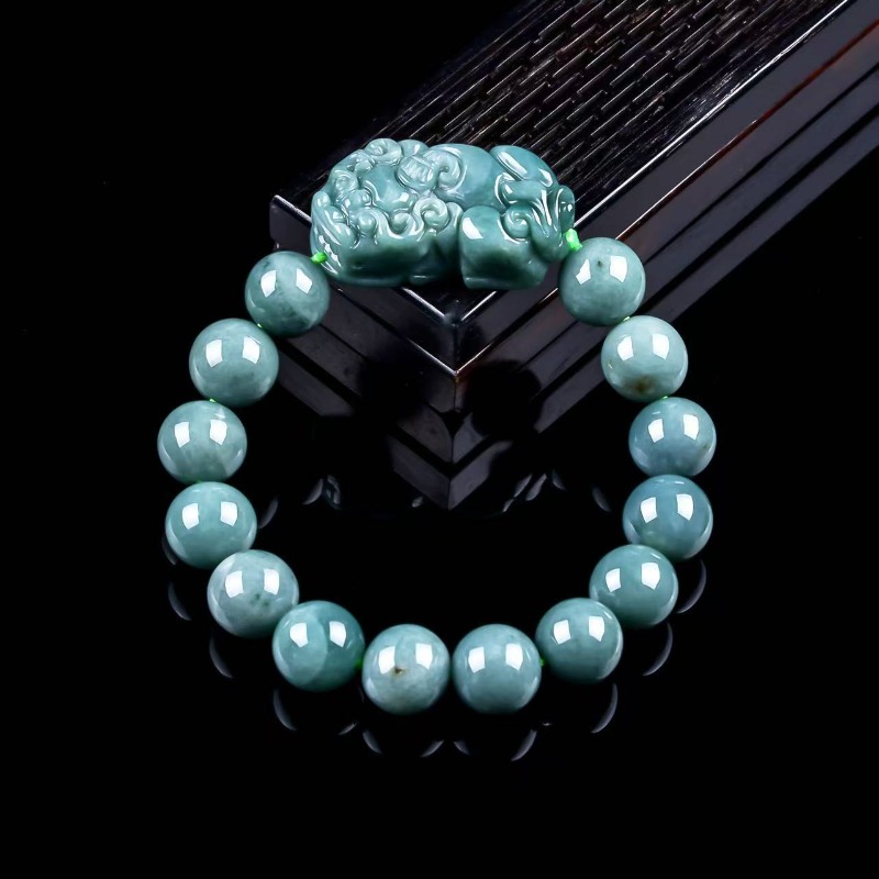 Beading - สร้อยข้อมือลูกปัดกลมหยกพม่าสีน้ำเงินเขียวมรกตแท้ธรรมชาติ พร้อมจี้หยกพม่า สร้อยคอเครื่องประดับดีไซน์หรูหราพร้อมใบรับรอง