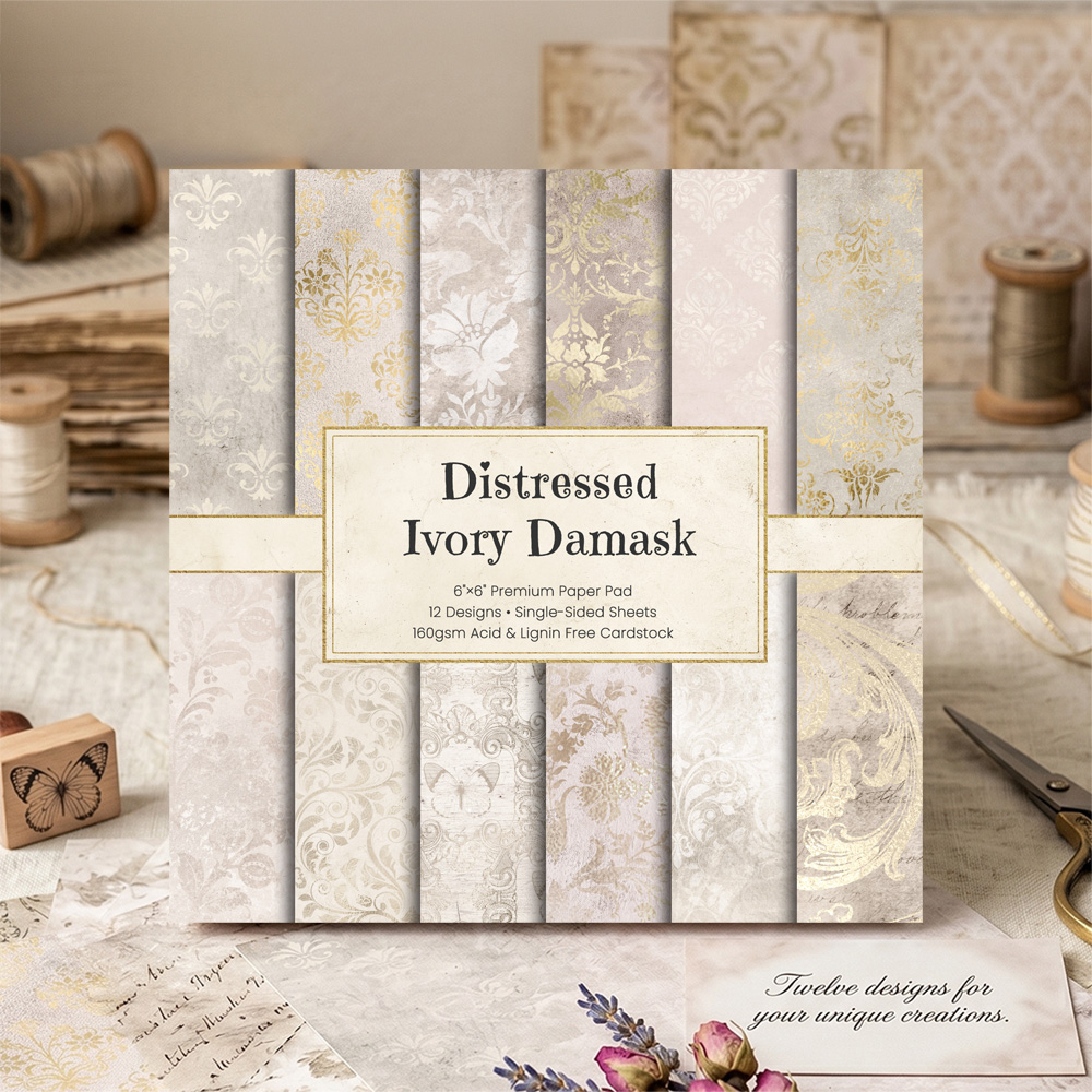 Vintage Junk Journal Scrapbooking Paper - กระดาษสมุดภาพลายดามัสก์สีงาช้างวินเทจ ขนาด 6 นิ้ว 12/24/36 แผ่น