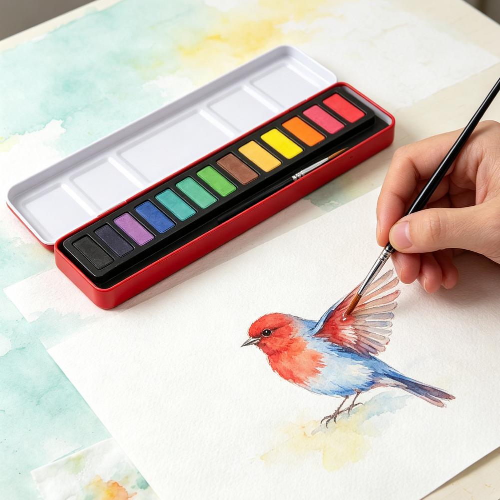 Watercolor Paint Set Solid Pigment - ชุดสีน้ำแบบพกพา สีกัวชแบบแข็ง ล้างออกได้ ผงสีกัวชละเอียด สำหรับวาดภาพและสเก็ตช์ภาพ