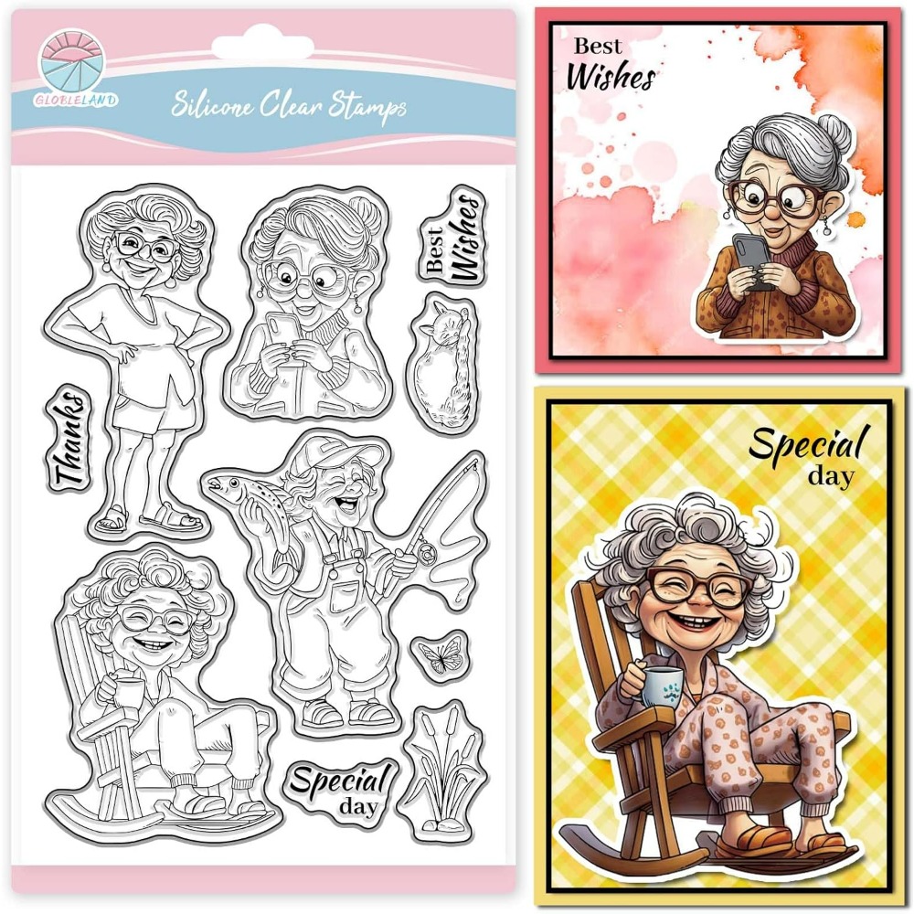 Clear Silicone Stamps For Card Making - ยิ้ม Old Lady ล้างแสตมป์สําหรับ Scrapbooking ตกปลายายซิลิโคนแสตมป์แมวผู้หญิงแสตมป์โปร่งใสสําหรับทําบัตร
