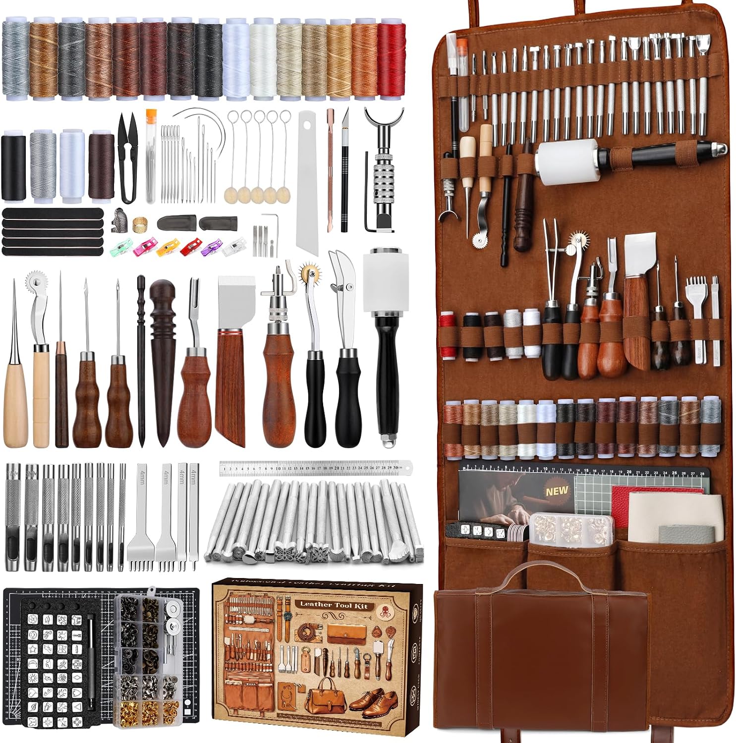 Craft Tools - ชุดอุปกรณ์งานหนัง, เครื่องมือทำงานหนังและชุดงานฝีมือพร้อมกระเป๋าเก็บของแบบกำหนดเอง, อุปกรณ์แกะสลัก, ตัด, เย็บ, ปั๊ม,