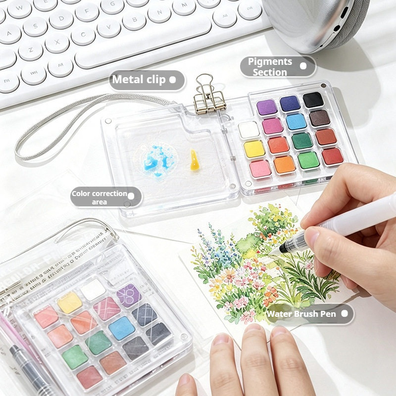 Watercolor Paint Set Solid Pigment - ชุดสีน้ำแบบพกพา 15 สี สำหรับการเดินทาง ชุดของขวัญสีน้ำแบบแข็ง พร้อมพู่กันและกล่องพาเลต