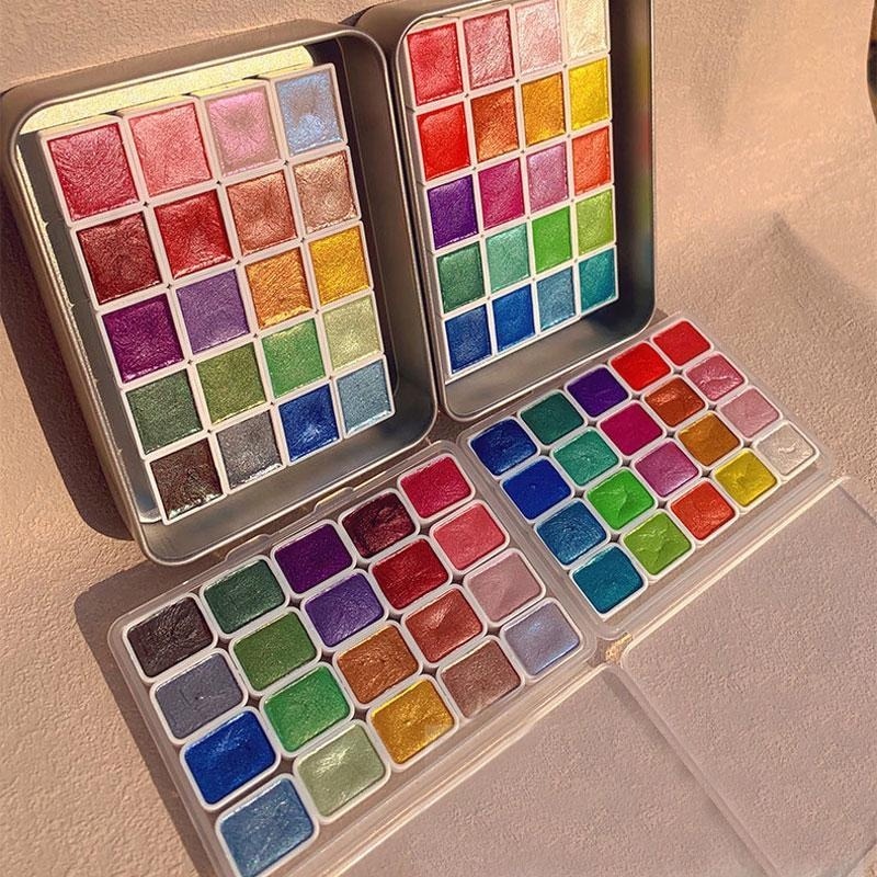 Watercolor Paint Set Solid Pigment - สีเพิร์ลเลสเซนต์แบบพกพา 20 สี ชุดสีน้ำแบบแข็ง สีน้ำสำหรับงานศิลปะ เม็ดสีเมทัลลิก