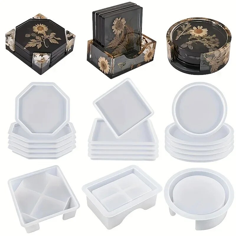 Silicone Epoxy Resin Molds Set - Coaster เรซินแม่พิมพ์ชุดรวม 1 PC Coaster กล่องเก็บแม่พิมพ์,4
