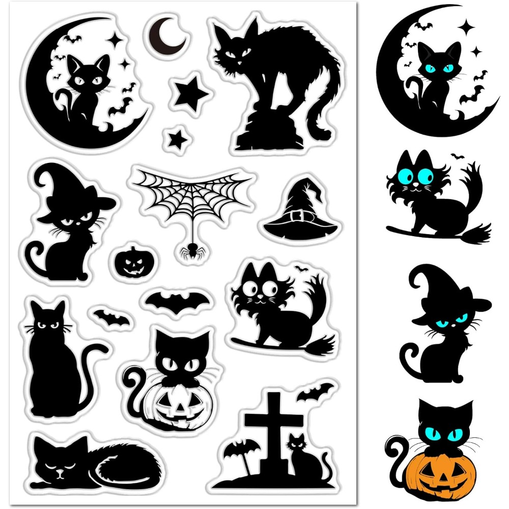 Clear Silicone Stamps For Card Making - แสตมป์ยางใสลายแมวดำฮาโลวีน ฟักทอง ค้างคาว หัวกระโหลก หมวกแม่มด พระจันทร์