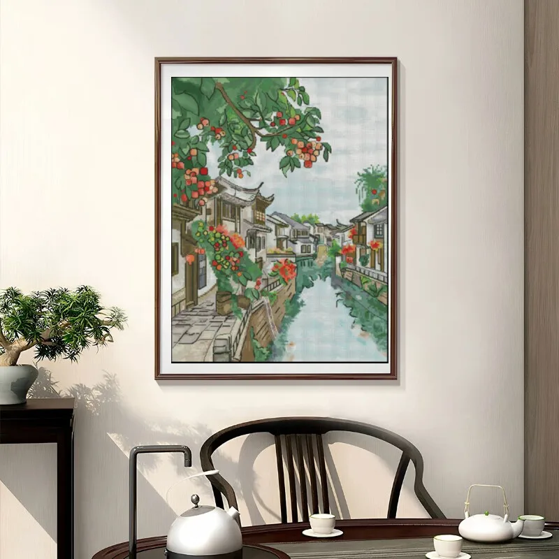 Cross Stitch Stamped Kits Beginners - [[CC904-วอเตอร์ทาวน์เจียงหนาน] ชุดปักครอสสติชแบบ DIY สำหรับผู้เริ่มต้น, ผ้าแคนวาสพิมพ์ลาย 11CT