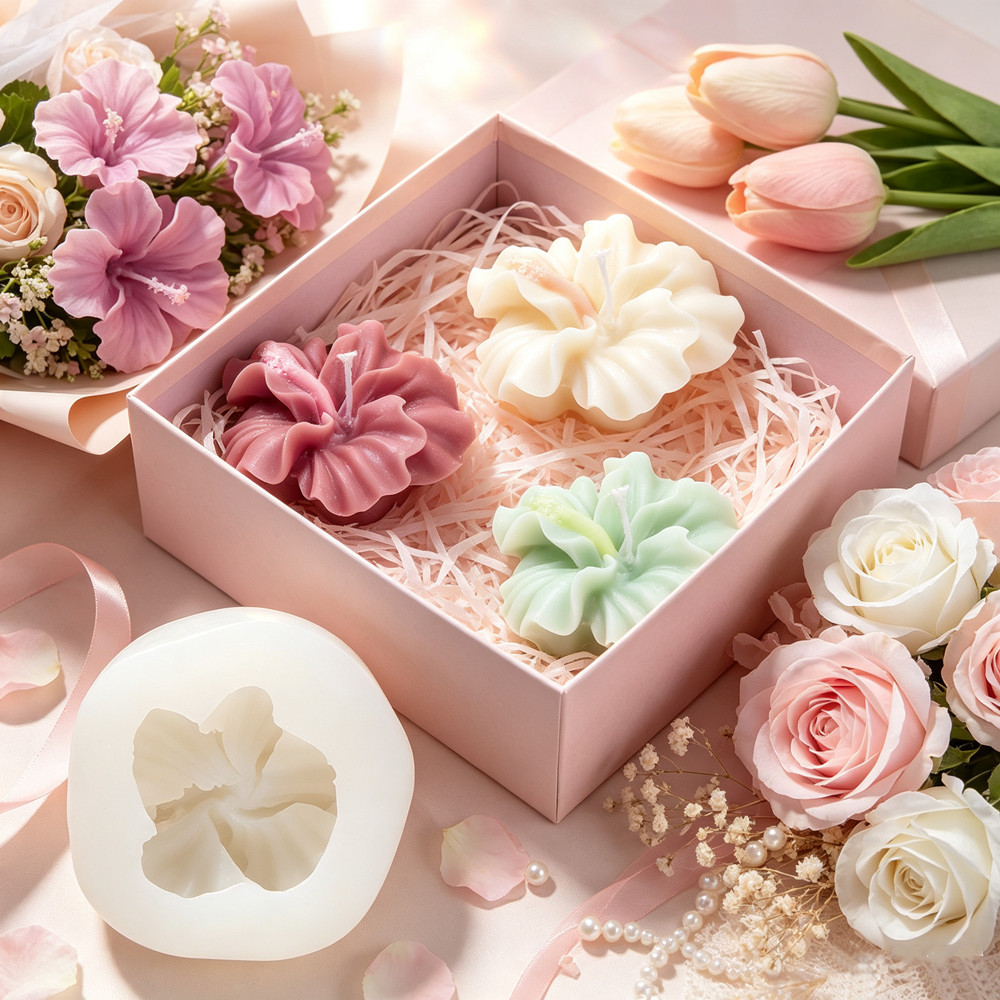 Silicone Epoxy Resin Molds Set - แม่พิมพ์เทียนรูปดอกชบา 2 ชิ้น, แม่พิมพ์ซิลิโคนรูปดอกไม้สำหรับทำเทียนดินโพลิเมอร์, การหล่อเรซินอีพ็อกซี่, งานฝีมือทำสบู่และปูนปลาสเตอร์