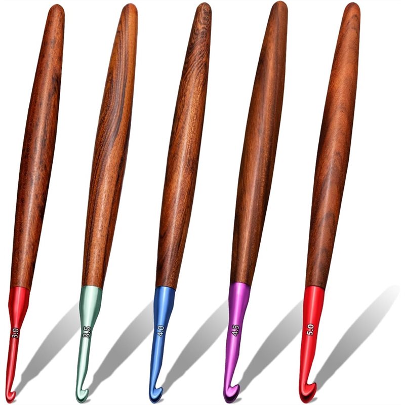 Wooden Crochet Hooks Ergonomic Handle - 【โอกาสสุดท้าย】ชุดเข็มโครเชต์ตามหลักสรีรศาสตร์ 5 ชิ้น, เข็มอลูมิเนียมขนาด 3 มม.-5